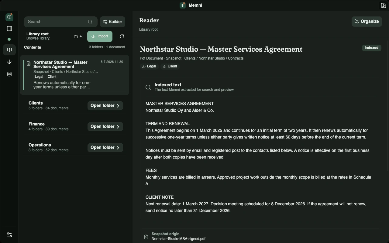 Memni in dark mode with a populated client library beside the open Northstar Studio agreement.