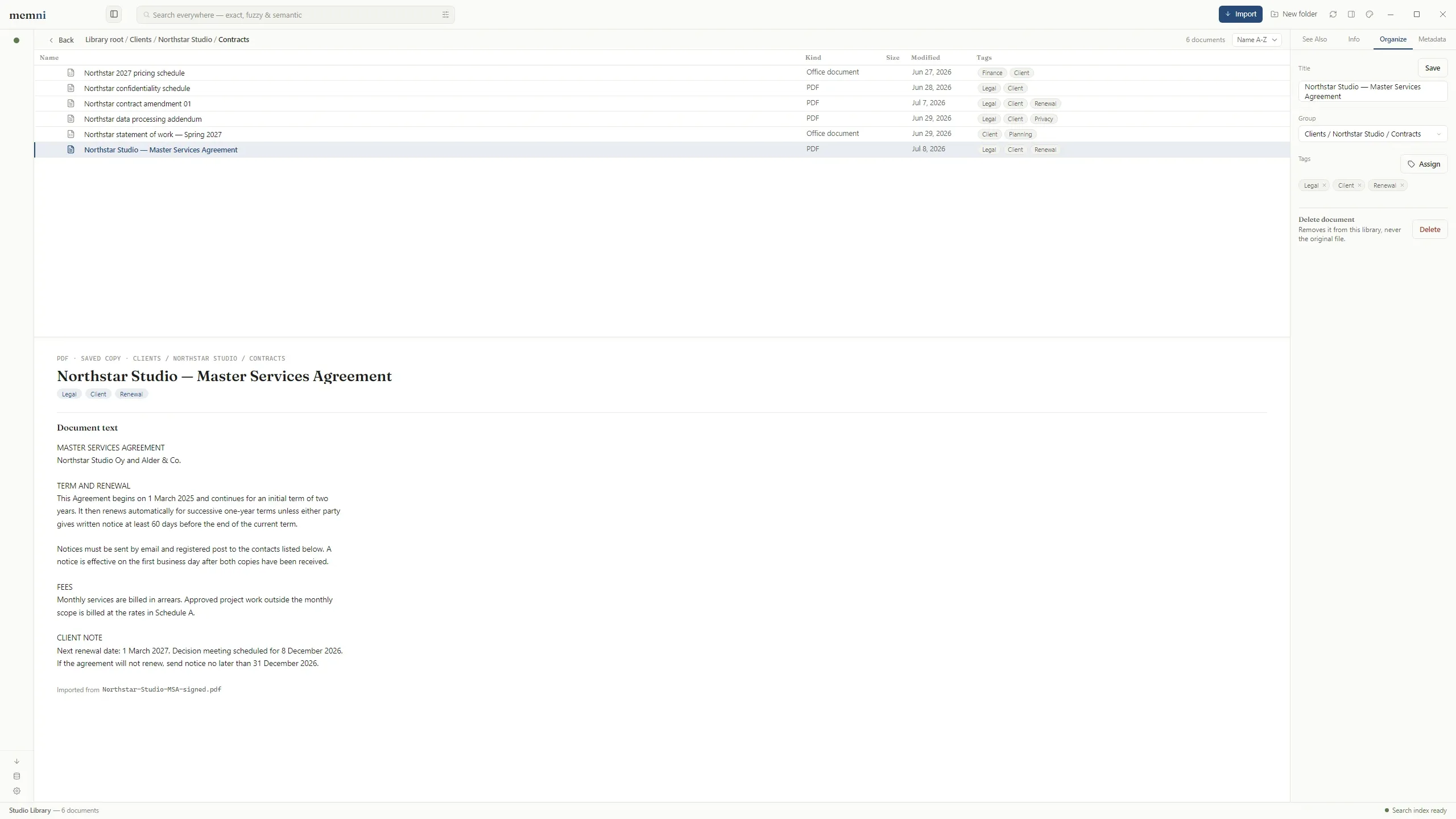 Memni’s Organize panel beside a contract, showing its editable title, its folder in the client’s contracts, and its Legal, Client, and Renewal tags.