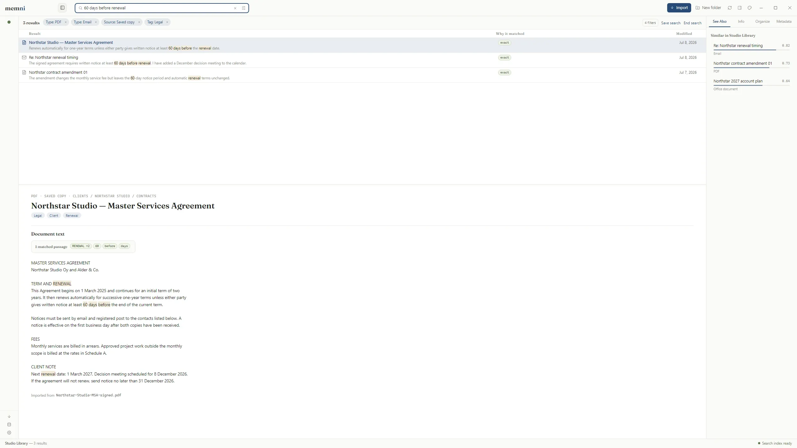 Memni search narrowed to PDFs and emails saved in the library with the Legal tag, showing three matching renewal documents and the Save action.