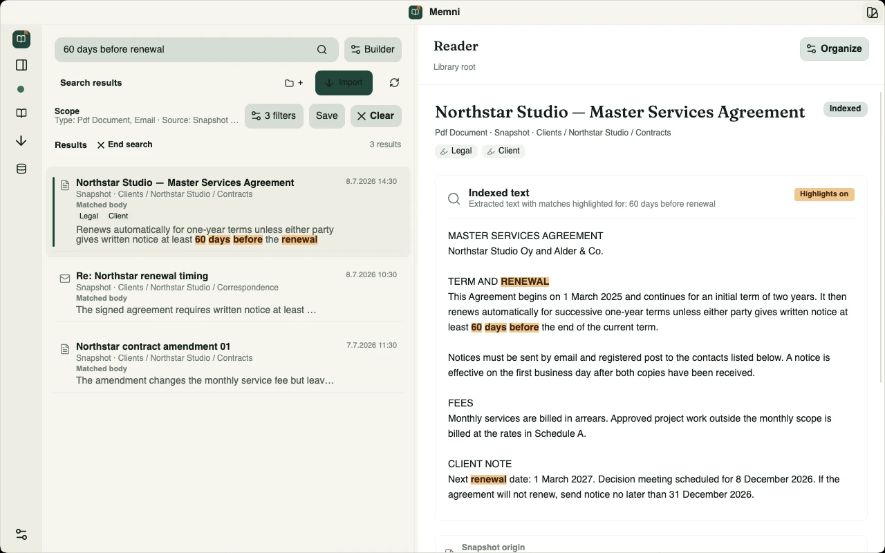 Memni search results narrowed to three documents, with the matching renewal clause highlighted in the reader.