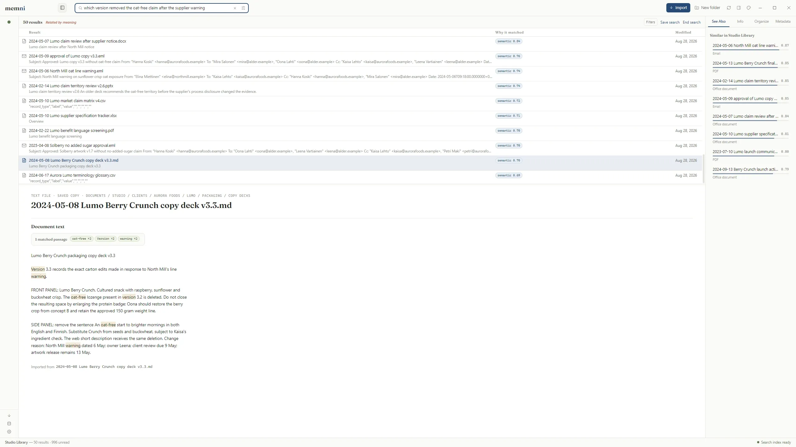 Memni results for a search asking which version removed an oat-free claim, with copy deck 3.3 open beside the supplier warning and final approval.