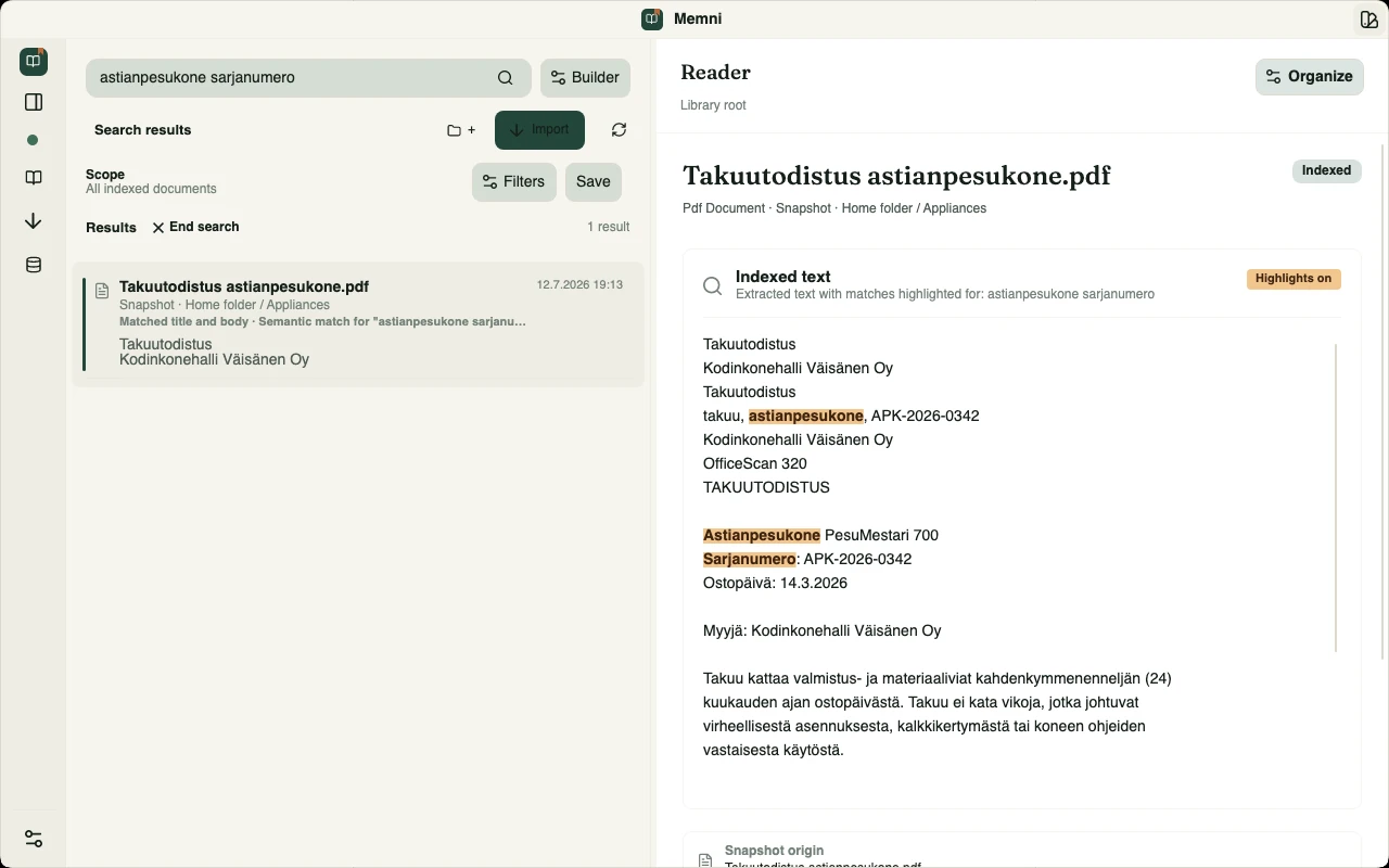 Memni search for ‘astianpesukone sarjanumero’ ranking a scanned Finnish warranty certificate first, with the matching Finnish words highlighted in text read from the image-only scan.