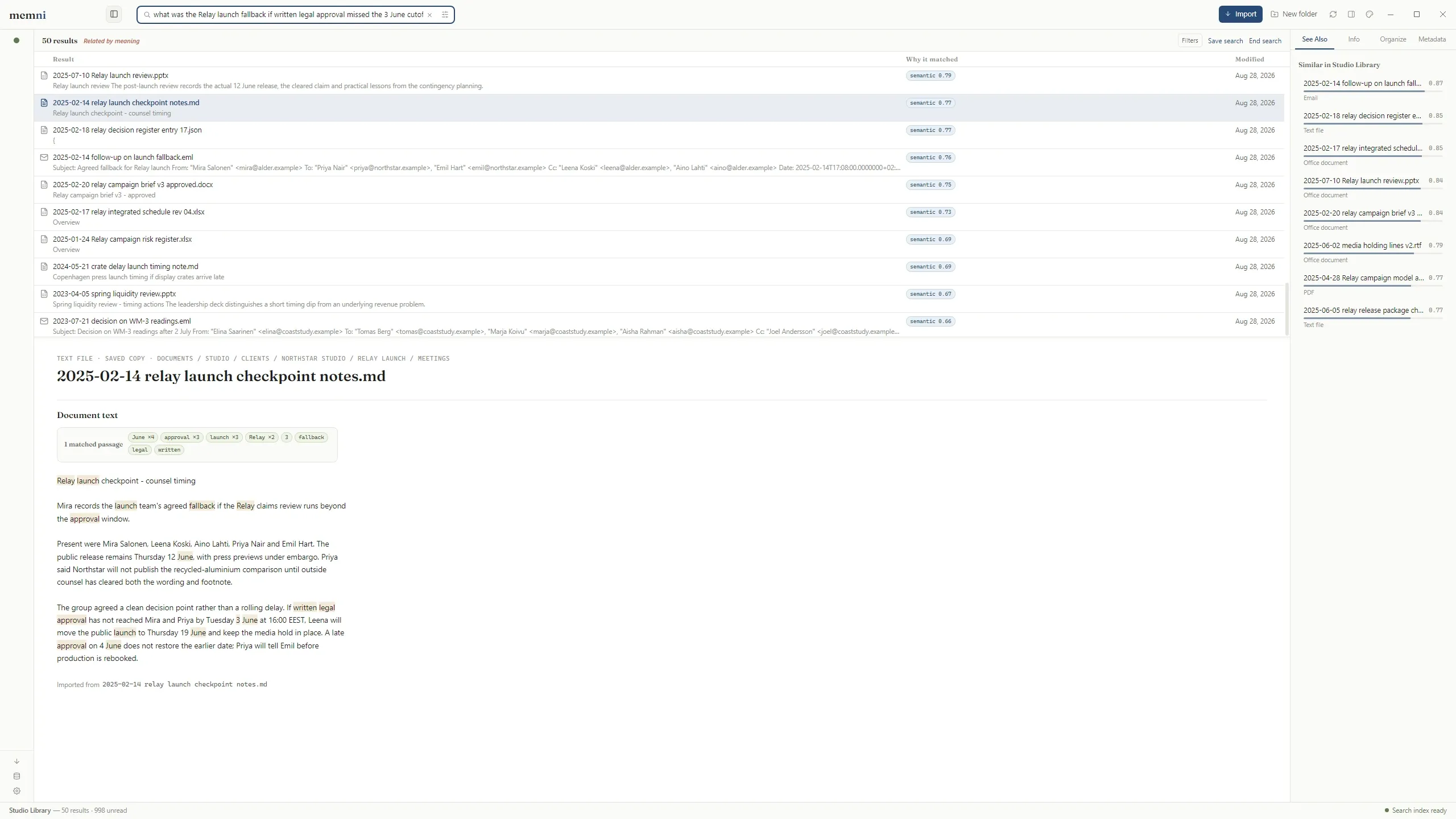 Memni finding a launch fallback plan from a remembered question, with the meeting note, follow-up email, and decision record in the results.
