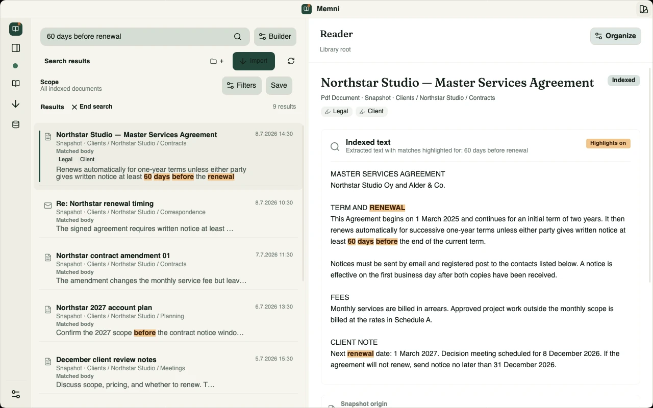 Memni finding a fictional Northstar Studio agreement from the remembered phrase ‘60 days before renewal’, with the matching clause highlighted in the reader.
