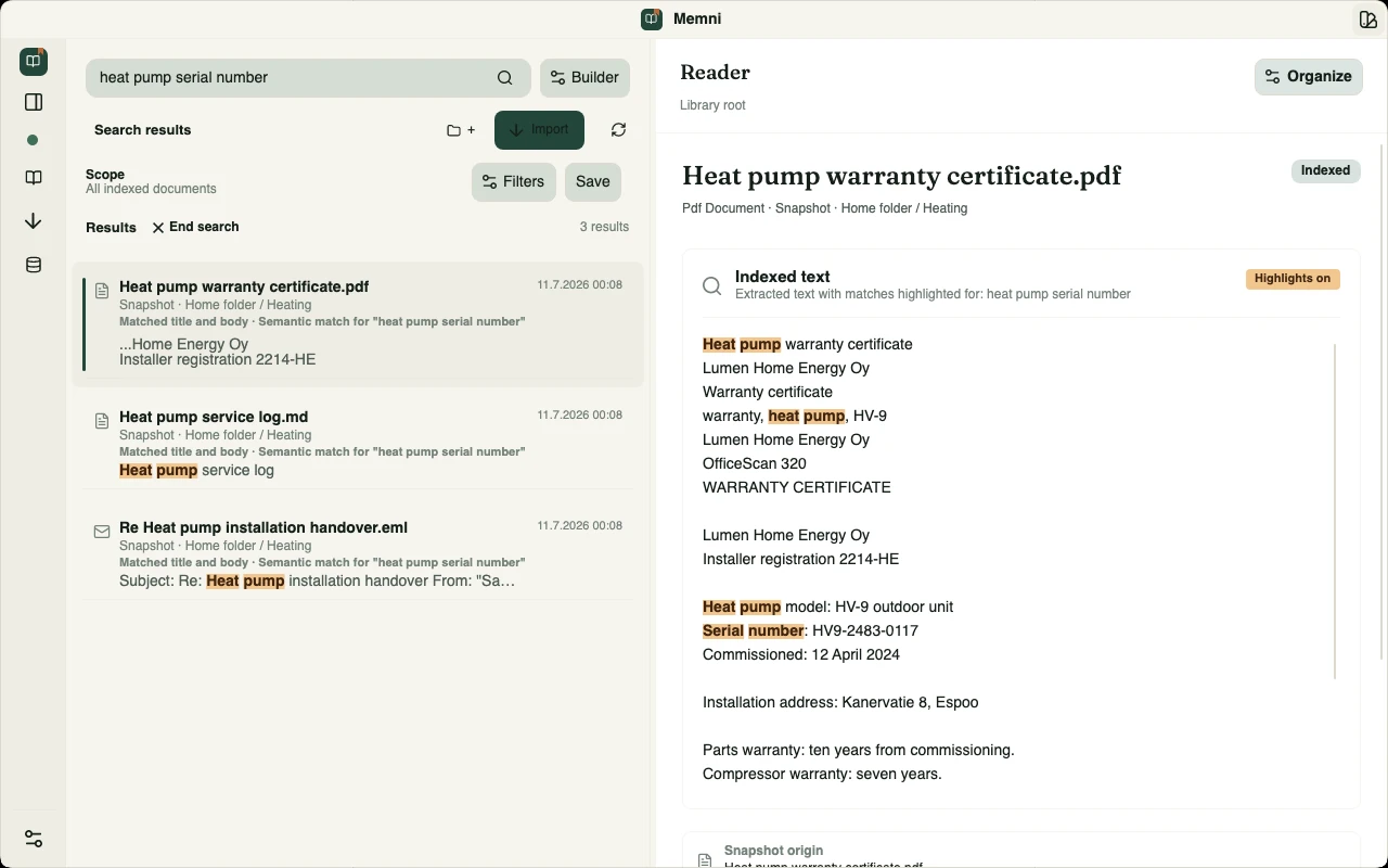 Memni search for ‘heat pump serial number’ ranking a scanned warranty certificate first, with the serial number highlighted in text read from the image-only scan.