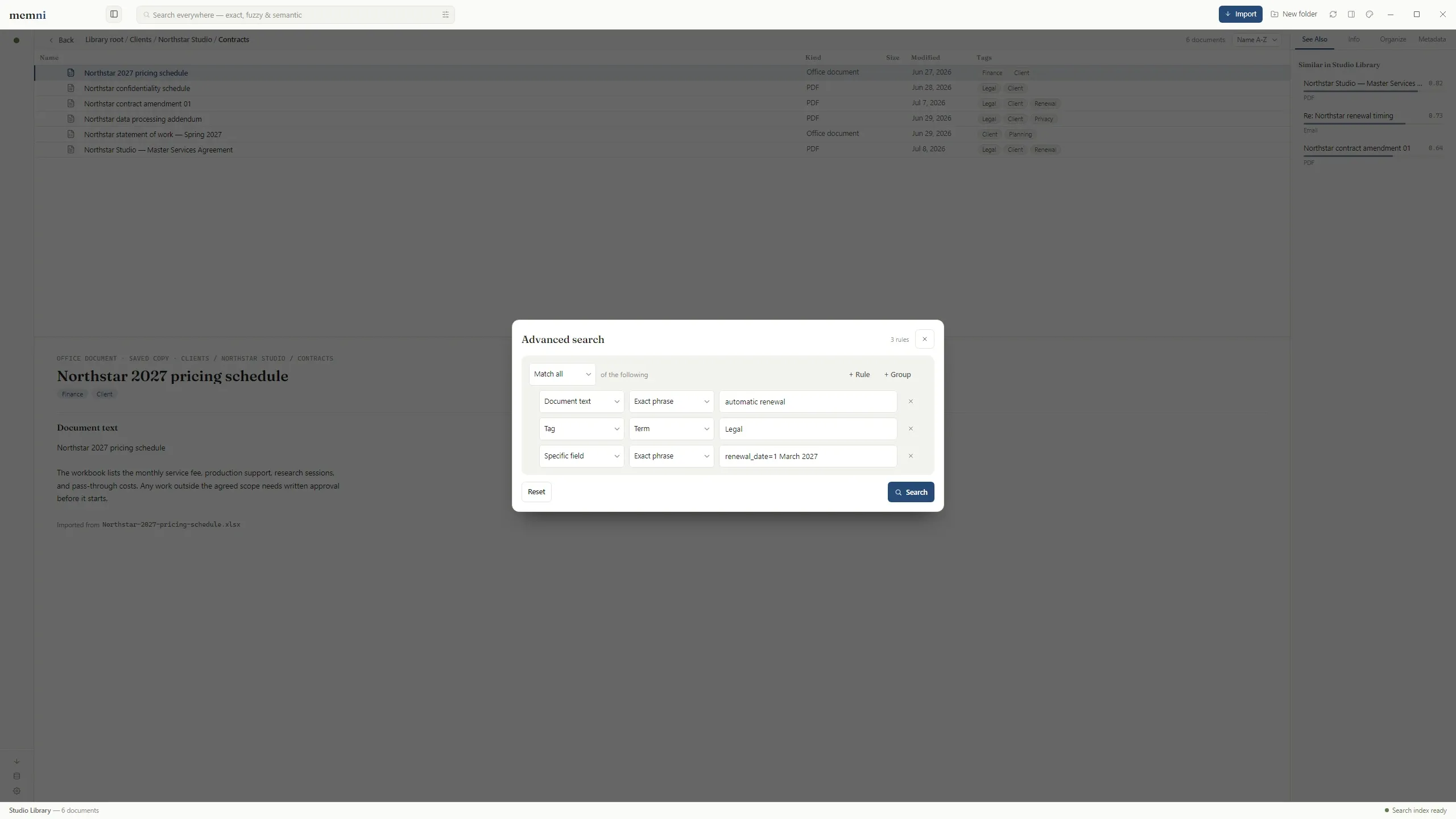 Memni’s advanced search combining an exact phrase in document text, a Legal tag, and a renewal-date field.