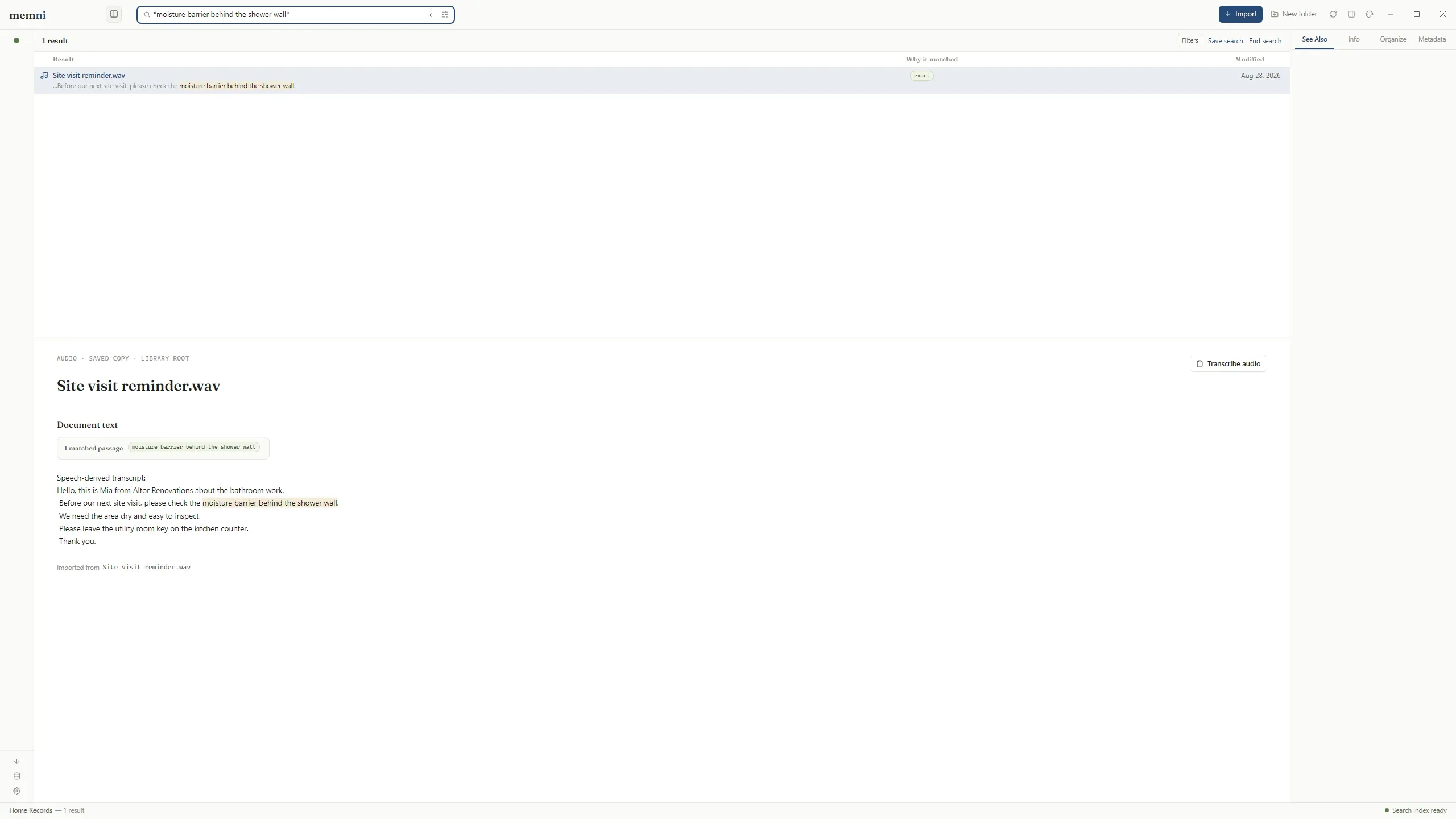 Memni search results for ‘moisture barrier behind the shower wall’, showing Site visit reminder.wav with the spoken words highlighted in the reader.