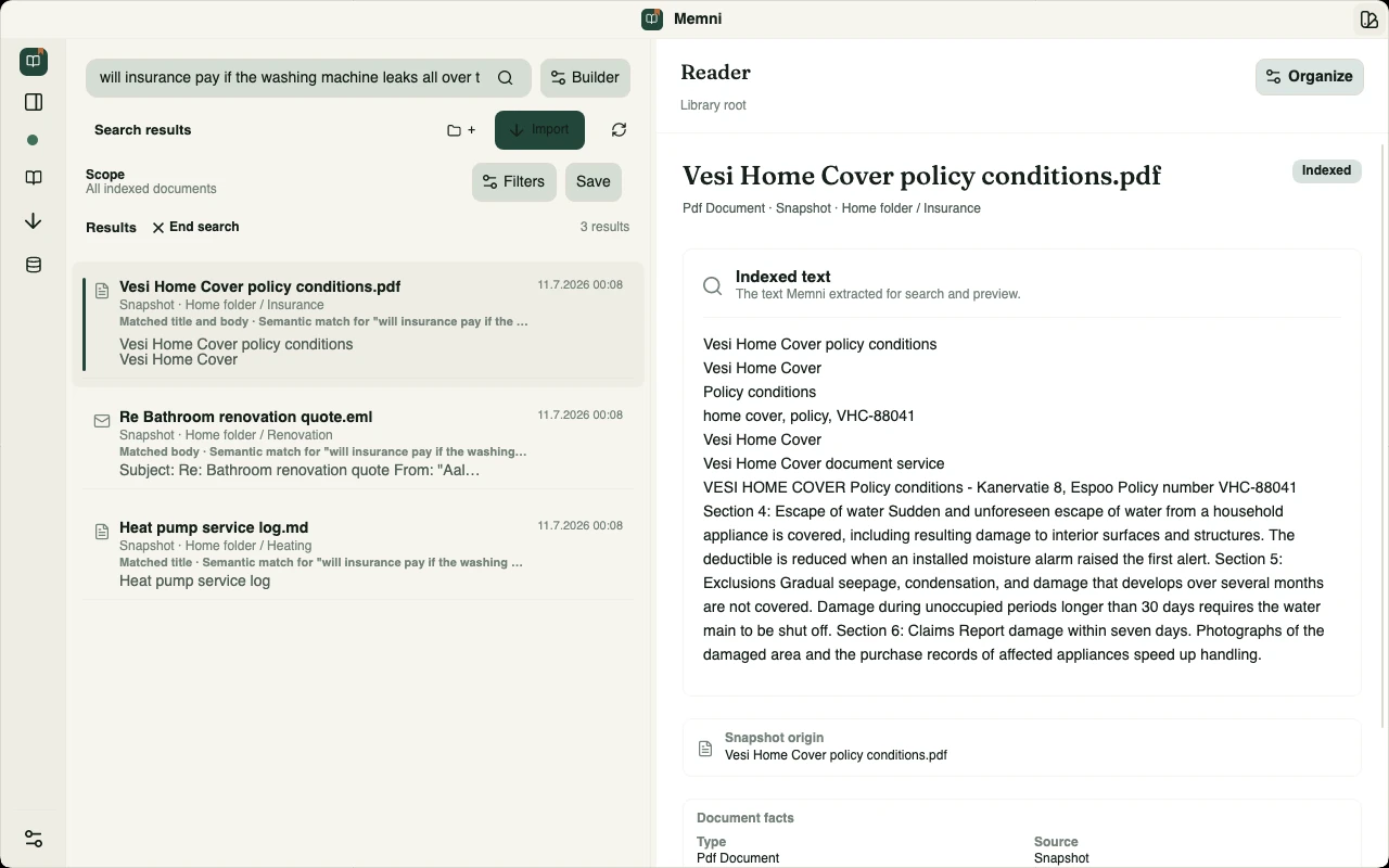 Memni results for the plain-language question ‘will insurance pay if the washing machine leaks all over the wooden floor’, ranking a fictional home policy first as a semantic match with the escape-of-water clause open in the reader.